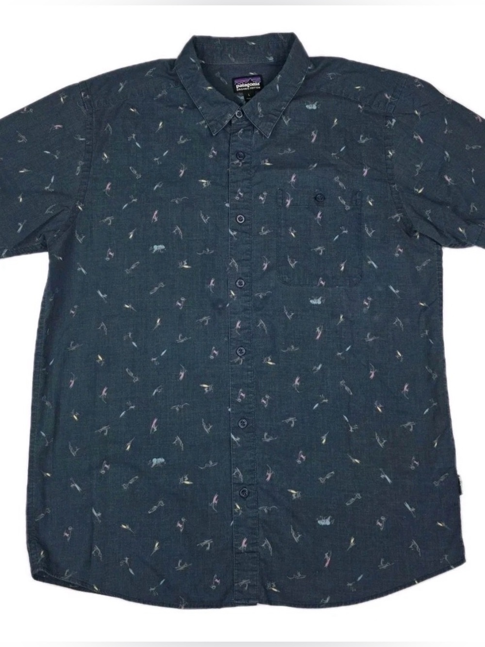 Patagonia Go To Shirt Fly Fishing Lure Print Cotton Mens L Button Up Camp Beach
